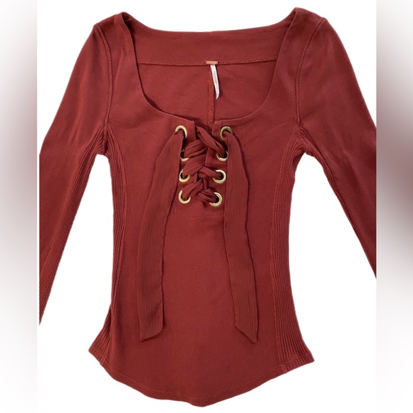 Free People Looking Back Rust Lace Up Shirt - Picture 3 of 6